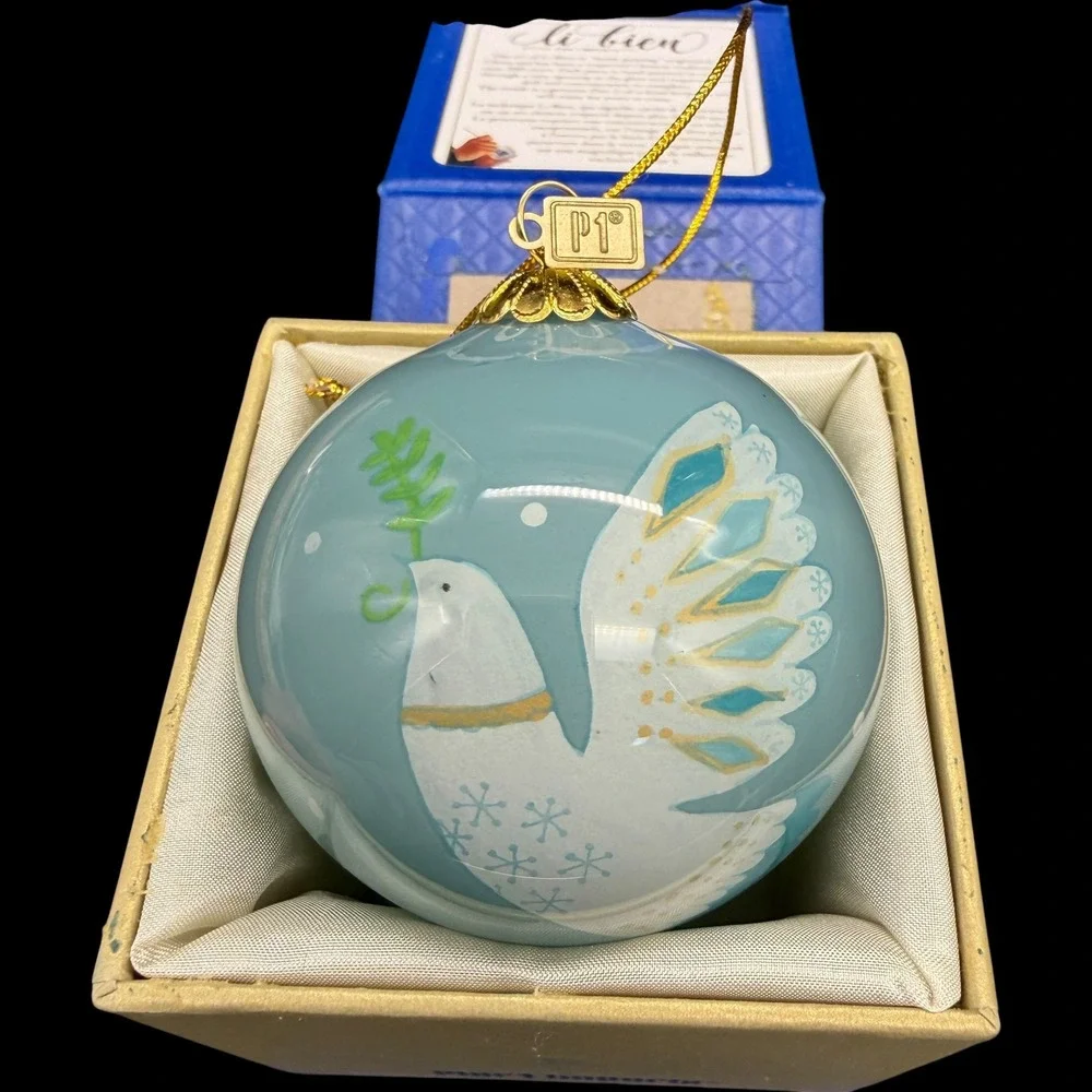 Pier 1 Li Bien 2018 Peace Dove Christmas Ornament Hand Painted Glass Blue Boxed